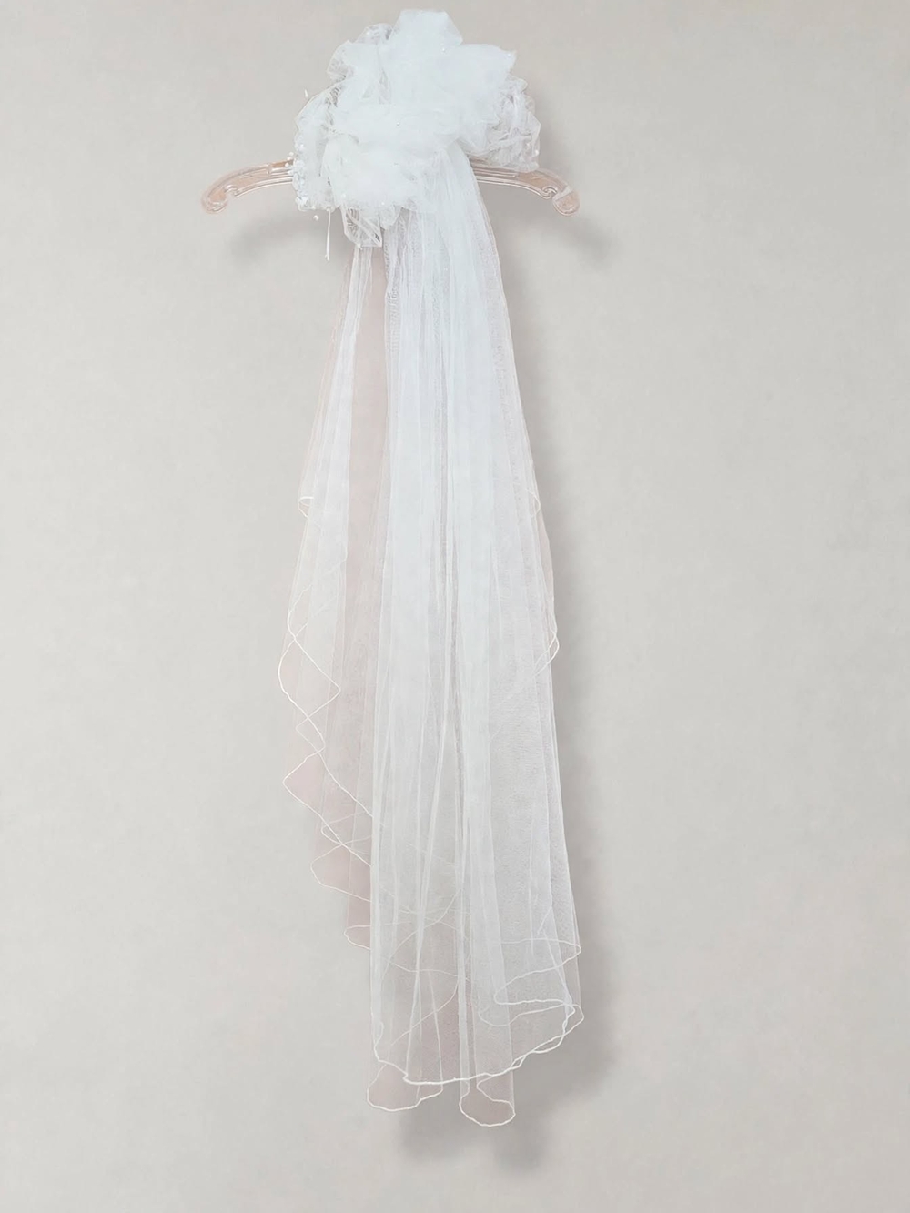 Vintage Tiered White Bridal Veil w Floral Headpiece Satin Rosebuds Seed Pearls